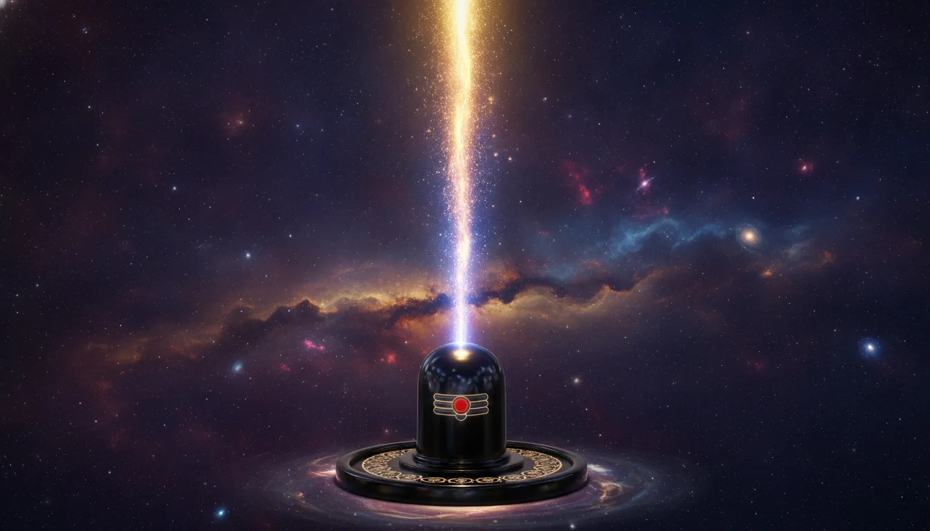 A cosmic black stone Shivling radiating a brilliant vertical beam of golden and blue celestial light from its center
