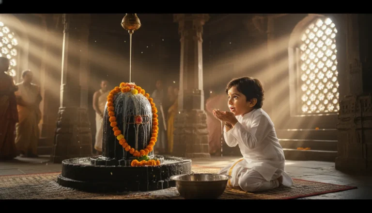 An innocent young child drinking pure white milk as it flows down from a beautifully carved stone Shivling during a spiritual ceremony.