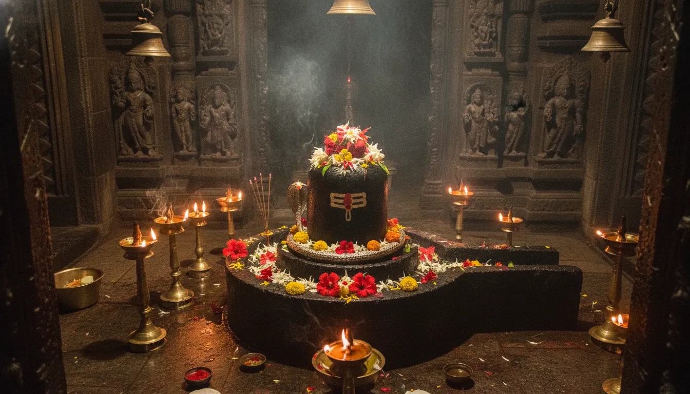 Full HD authentic image of a Shivling inside a traditional temple sanctum sanctorum.