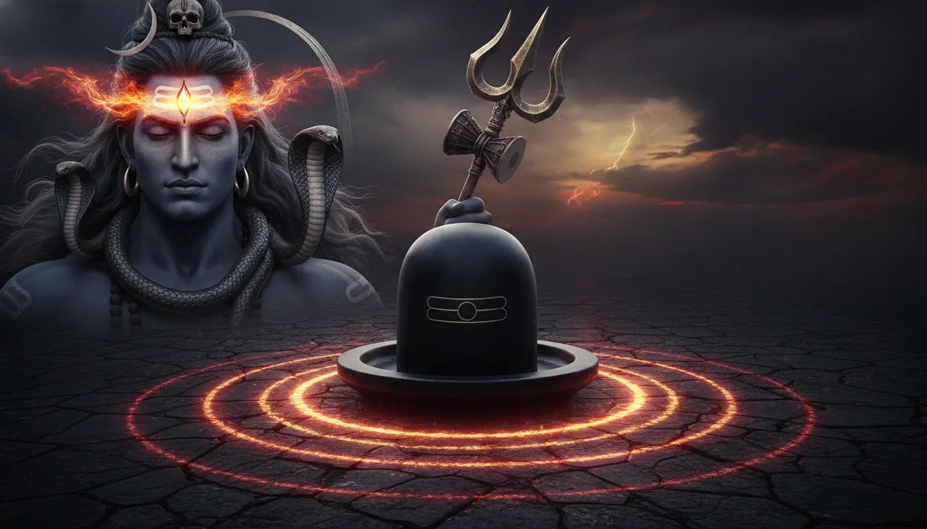 An intense, powerful dynamic close-up of Lord Shiv Shankar's open third eye with a blazing Shivling in the foreground.