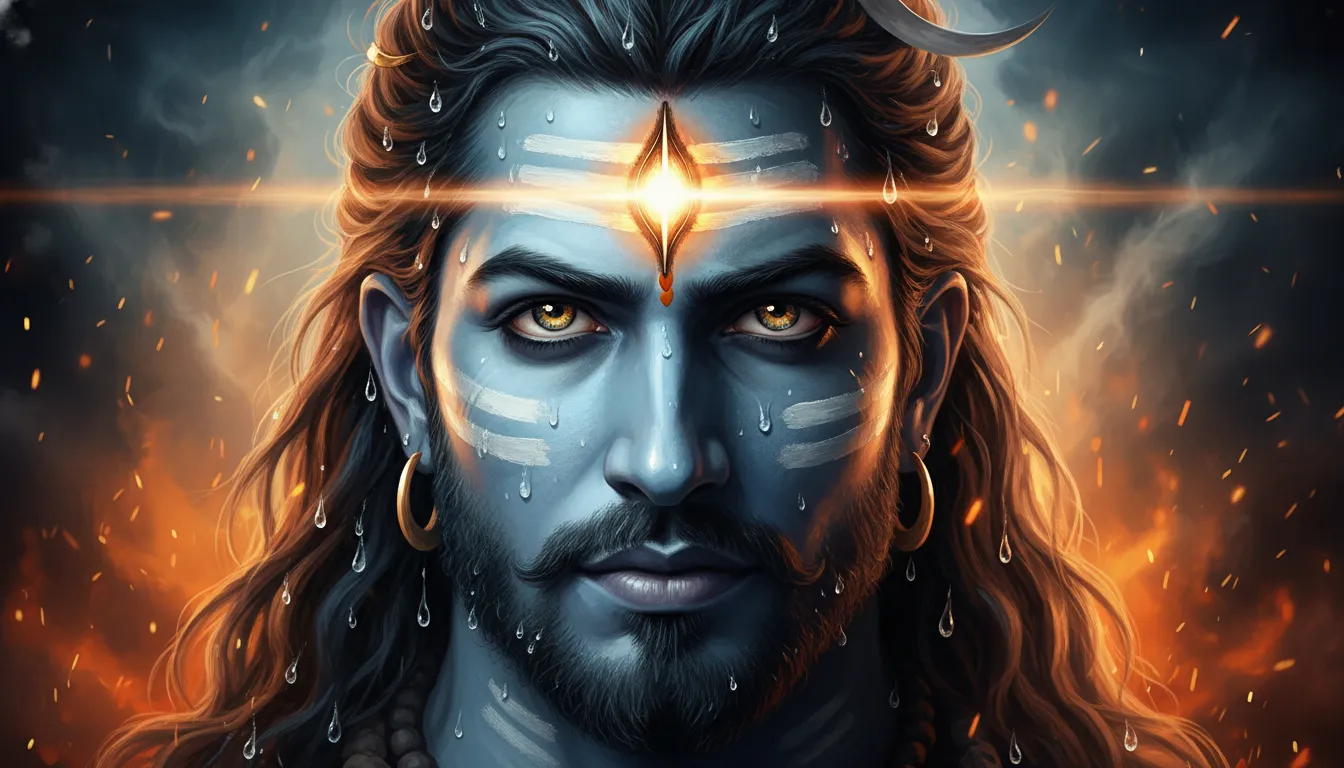Extreme close-up of Lord Shiva in his fierce Rudra avatar with a glowing third eye and majestic expressions.