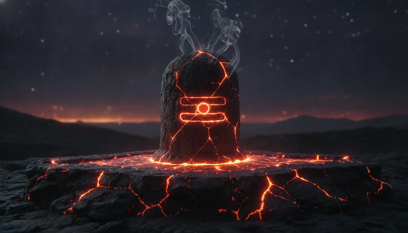 An amazing shivling formed from glowing molten lava and cracked black volcanic rock.