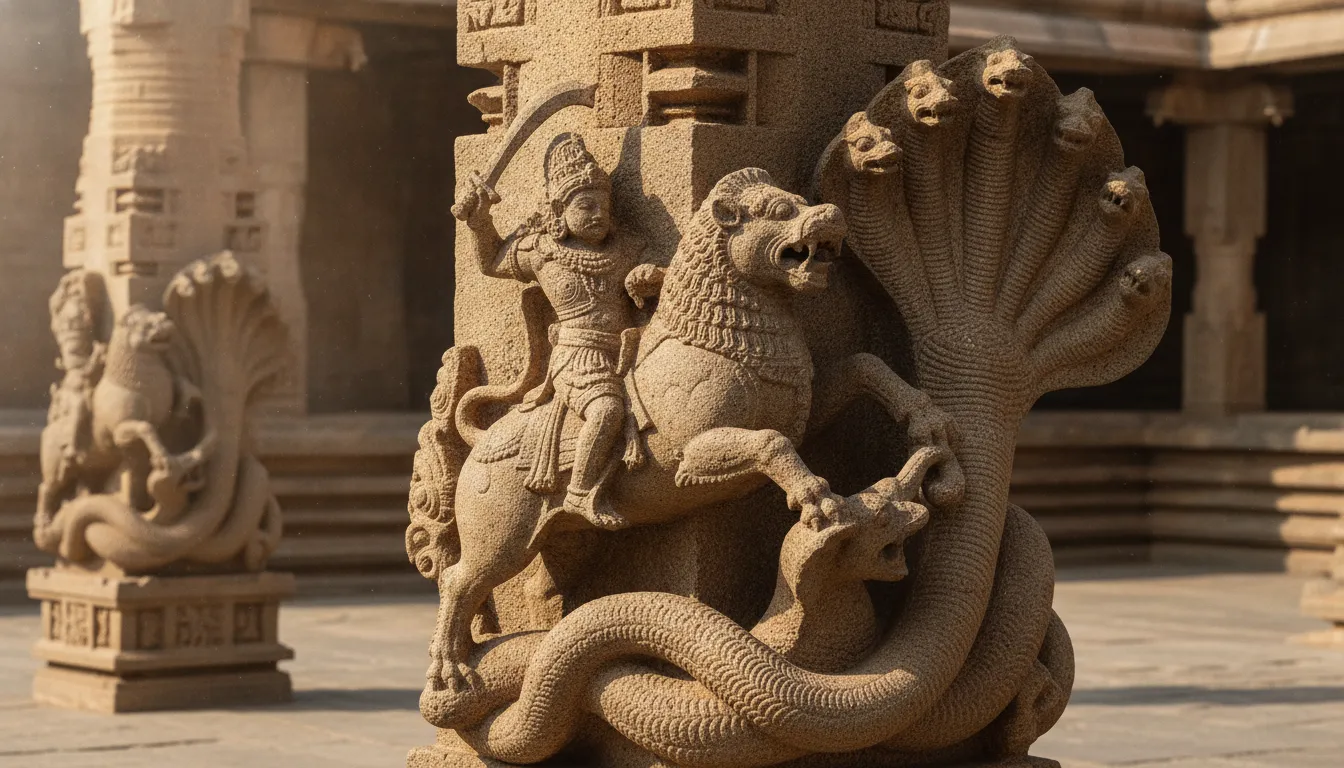 A highly complex temple pillar showcasing mythical warriors riding dynamic leonine beasts while battling a multi-headed serpent.
