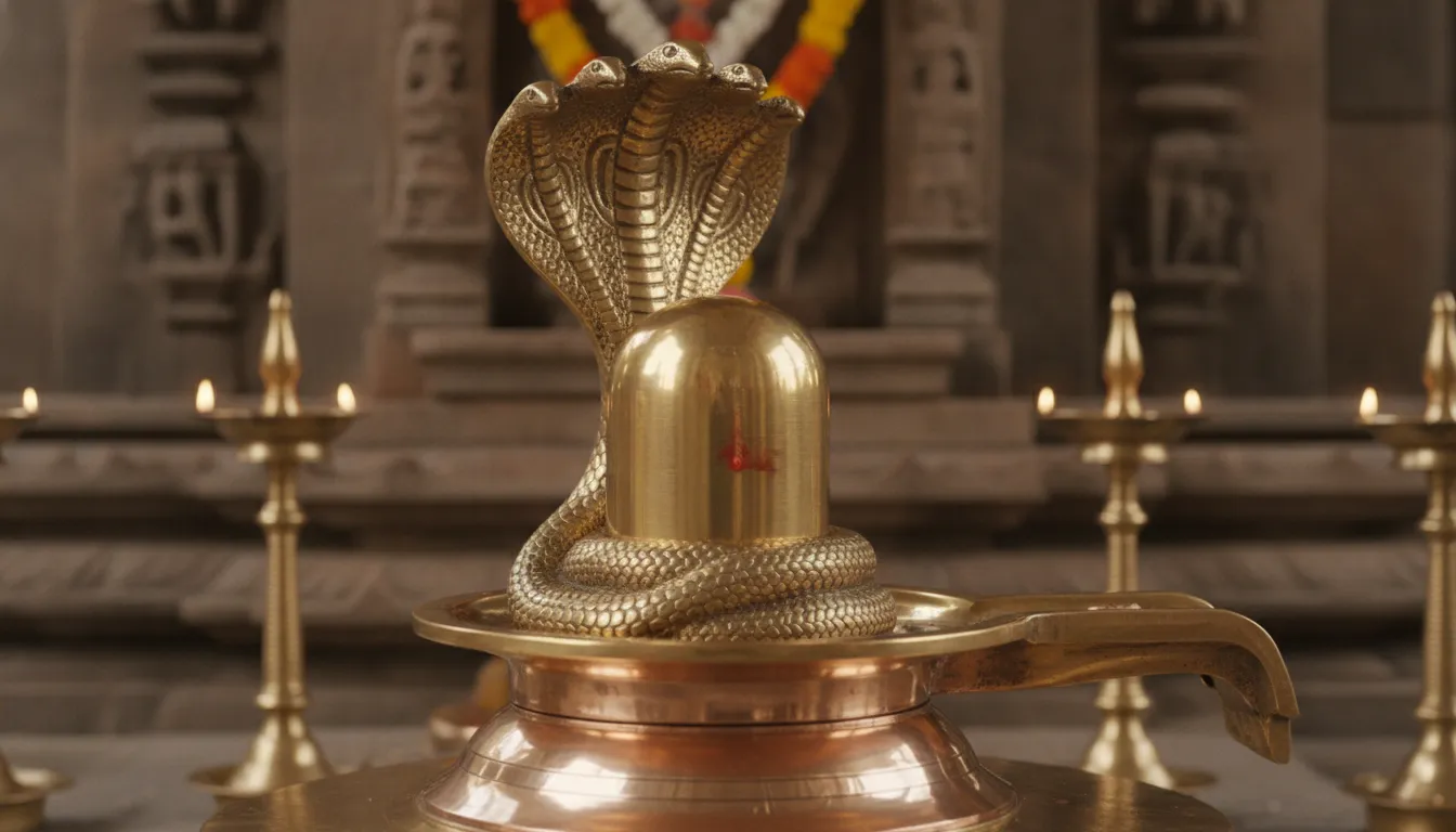 Close up premium images of shivling in hd featuring an intricately carved brass five hooded snake canopy protecting the sacred center lingam.