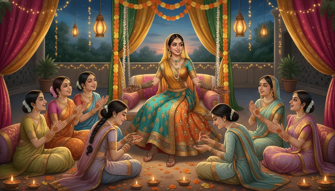 Detailed illustration of a bride getting intricate henna designs applied to her hands.