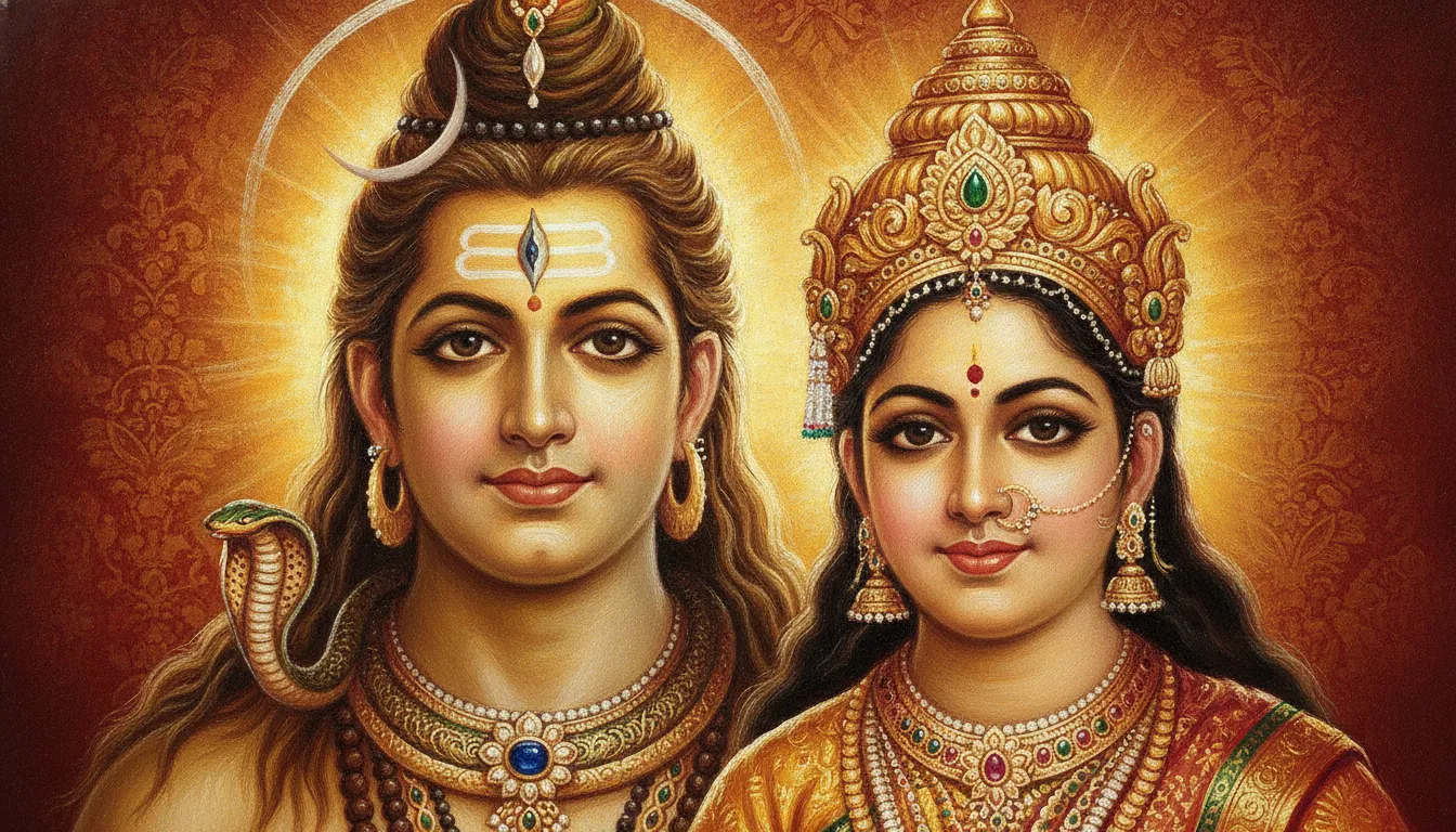 Detailed close-up artwork of Shiva and Parvati wearing radiant golden jewelry