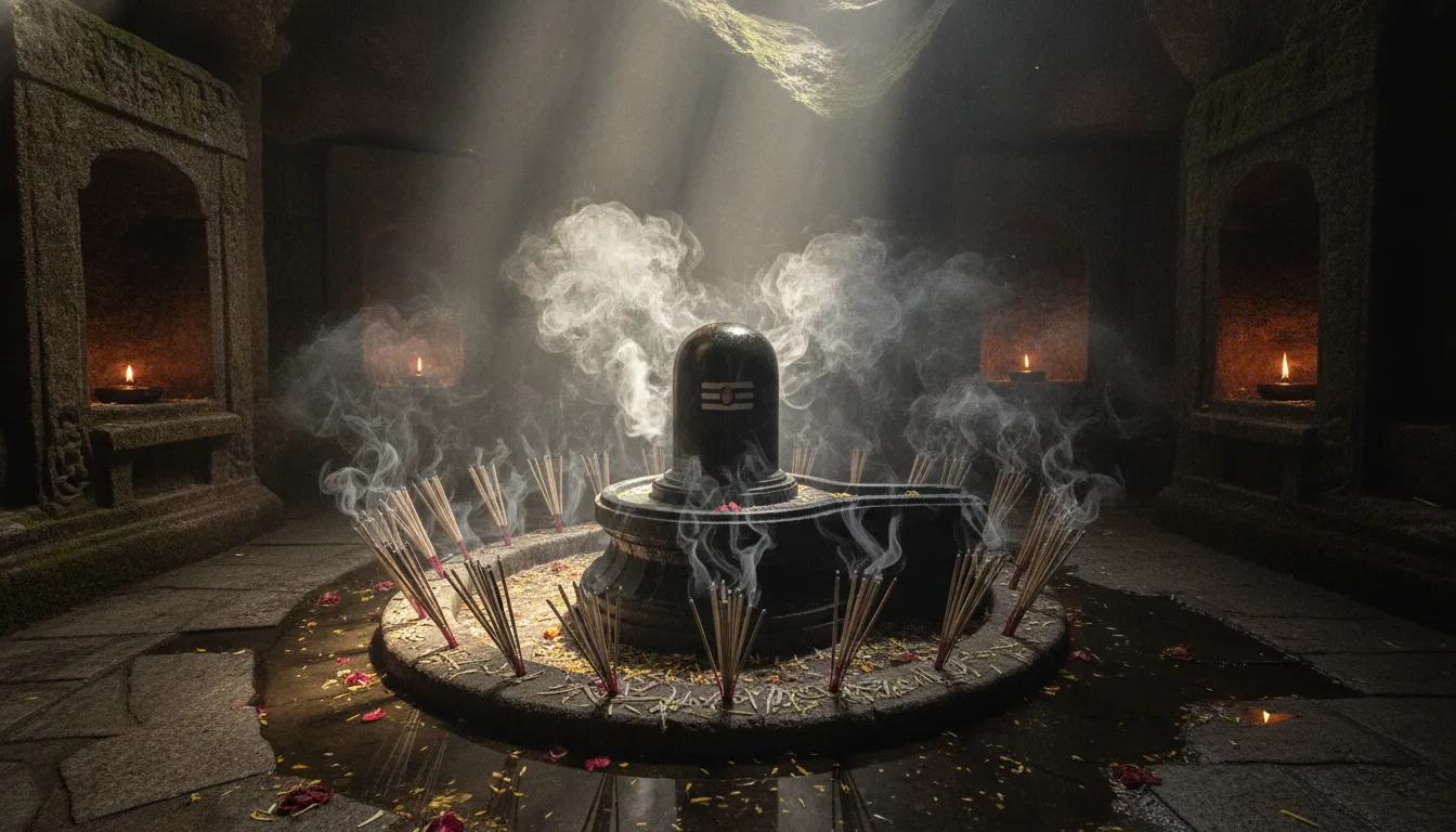 Thick white incense smoke swirling around a stone Shiva Lingam inside an ancient cave chamber.