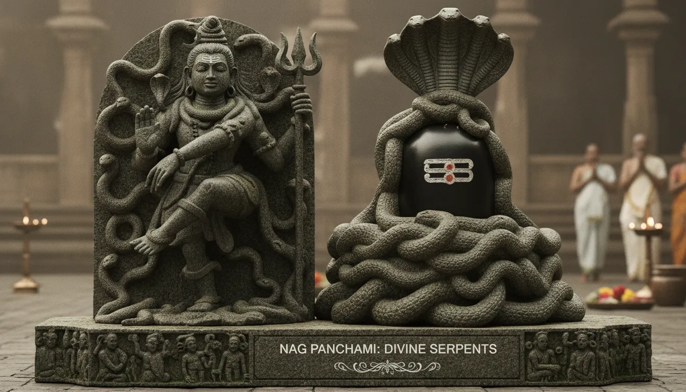 A detailed stone sculpture featuring Lord Shiva, with multiple snakes coiling around his form and the sacred Shivalinga, as part of a traditional temple shrine for Nag Panchami.