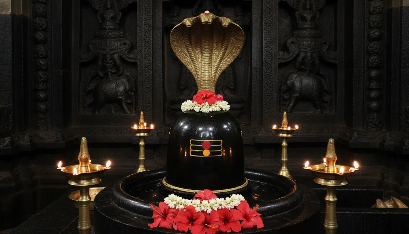 Ancient shiv temple shivling images depicting a black granite Shivling inside a historic South Indian Dravidian style temple.