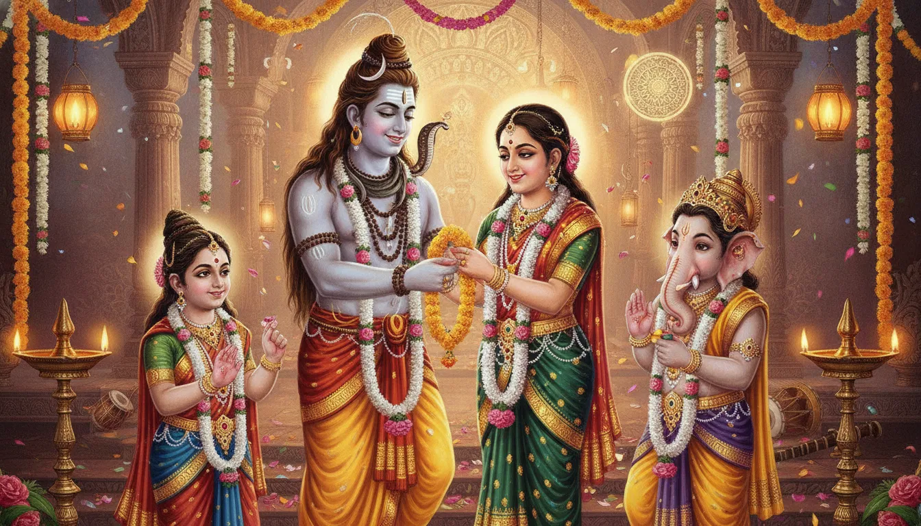Shiva family celebrating a divine festival with oil lamps and flower garlands