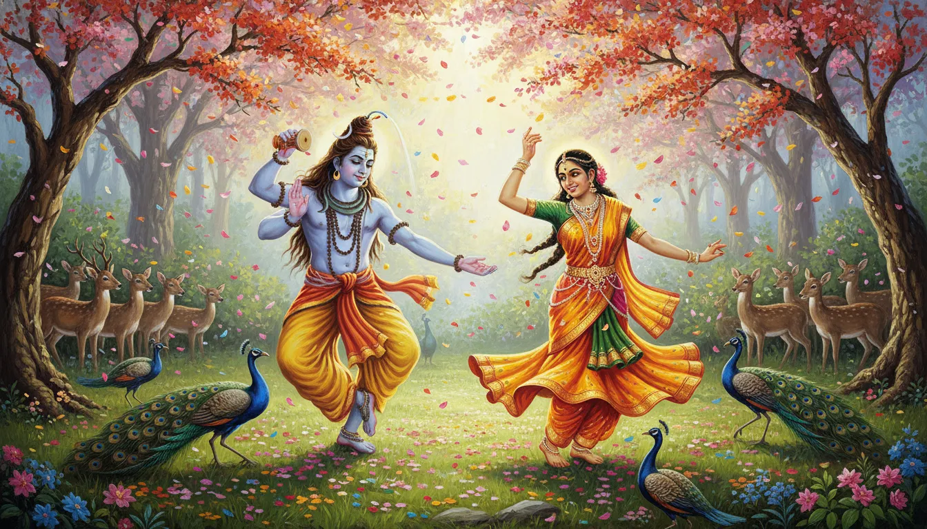 Colorful, festive depiction of Shiva and Parvati dancing in a blooming spring forest with peacocks and deer watching.