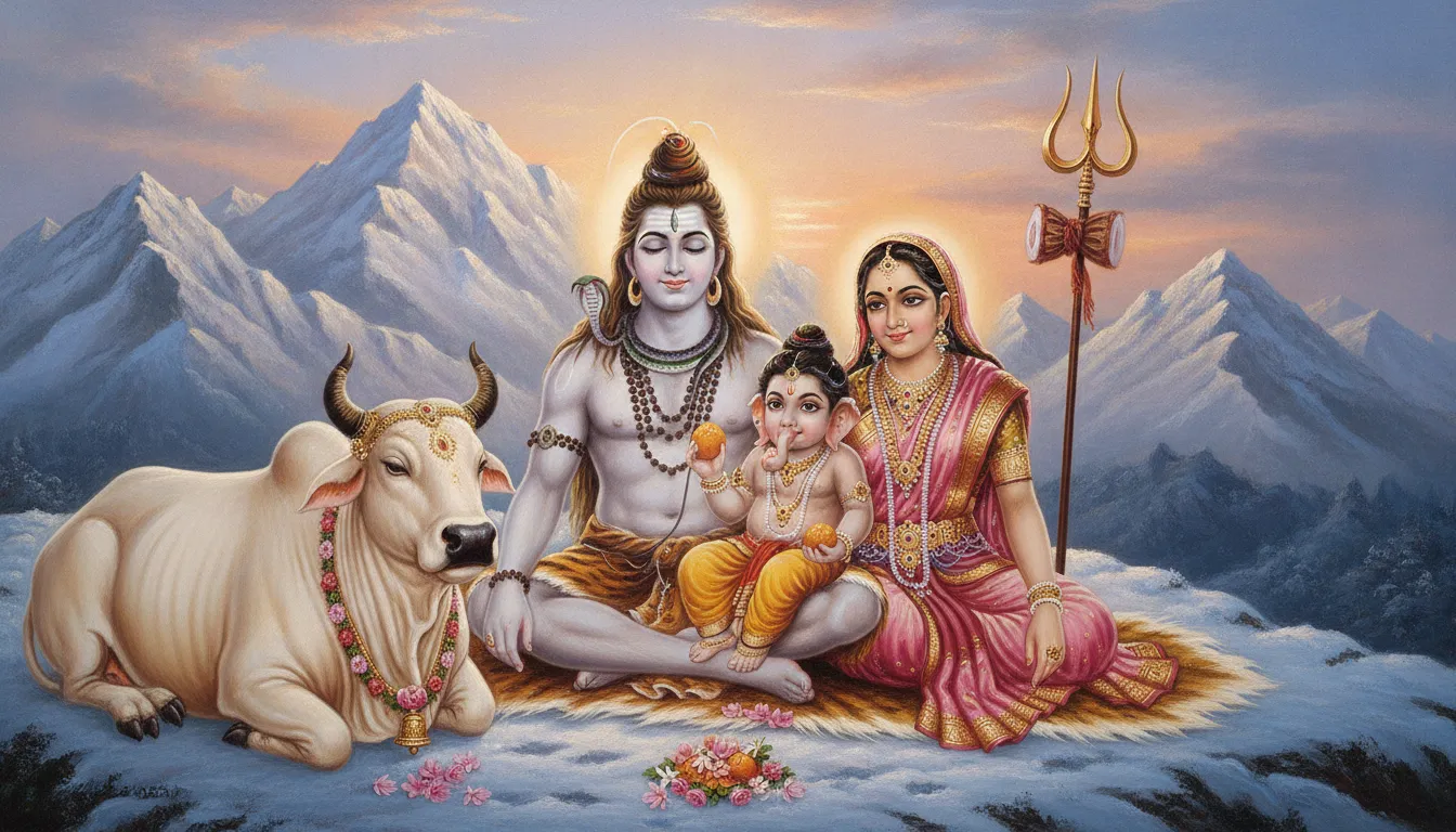 Lord Shiva, Goddess Parvati, and young Ganesha sitting together on Mount Kailash with Nandi resting nearby.