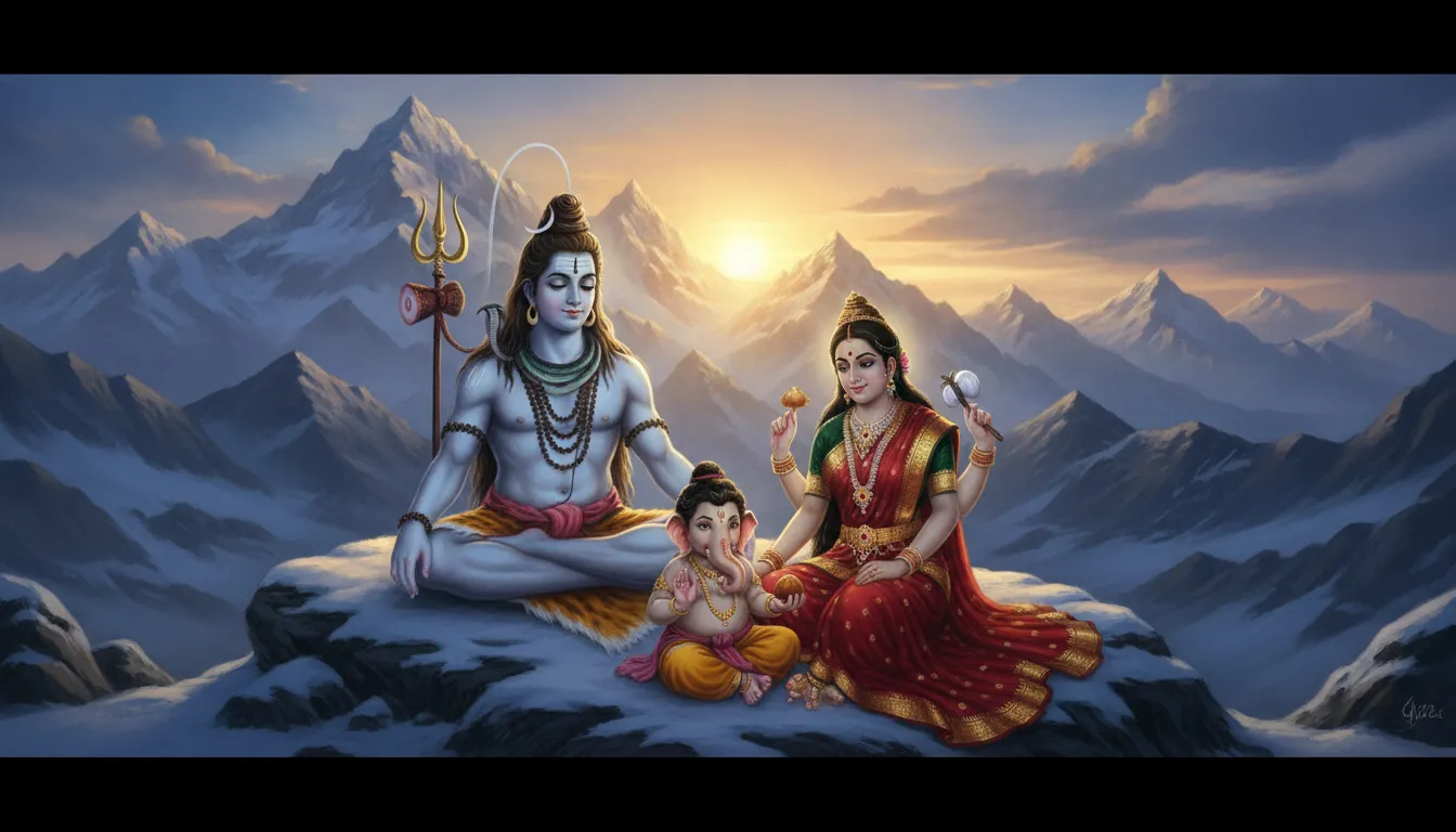 Lord Shiva Goddess Parvati and young Ganesha sitting on Mount Kailash surrounded by snow-covered peaks