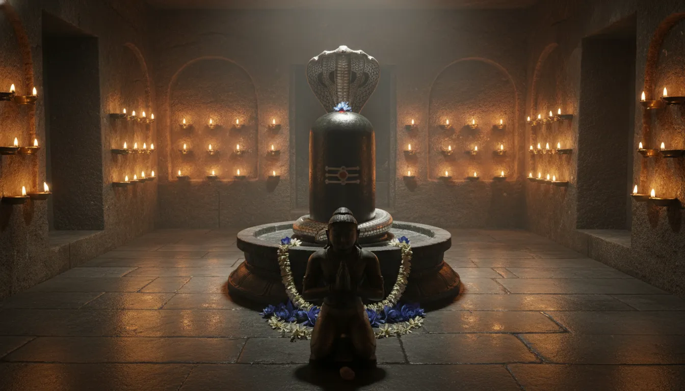 Full HD images of shivling with kartikaye inside a traditional stone temple sanctum with glowing oil lamps.