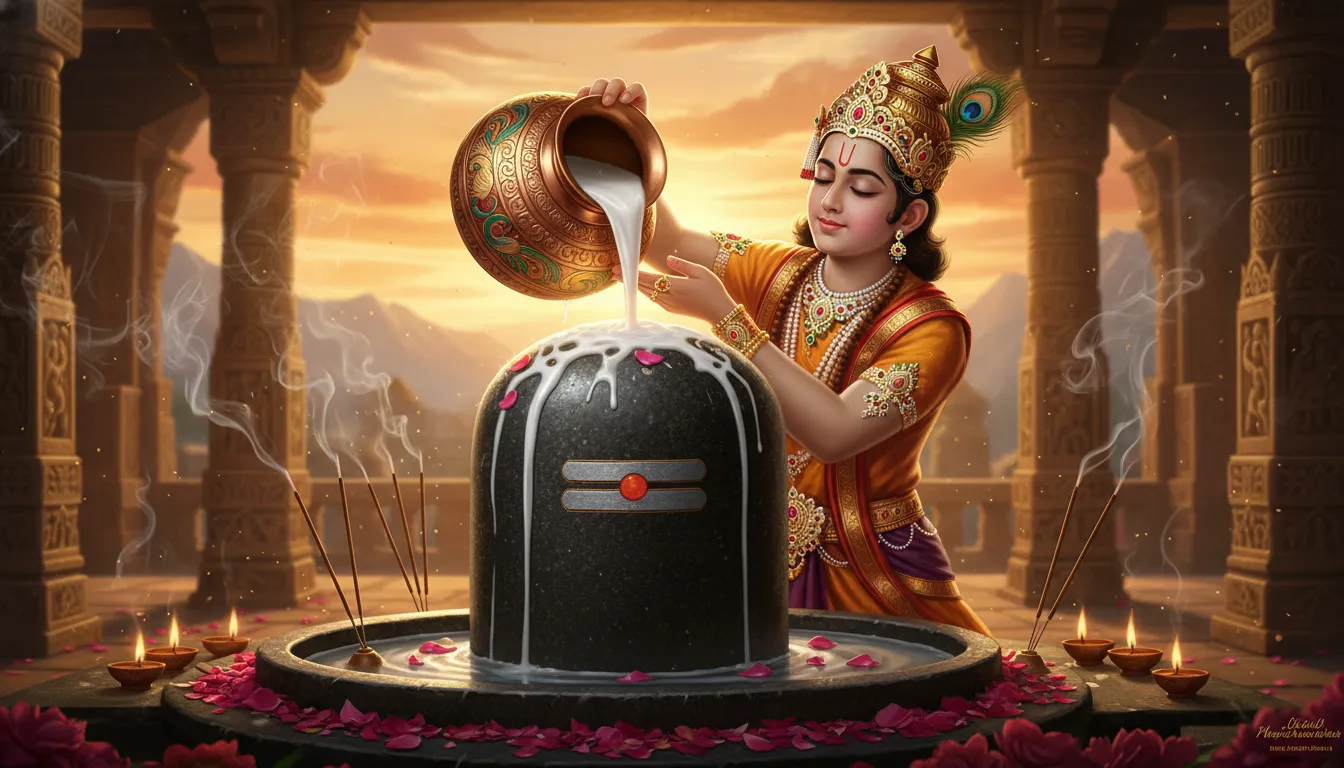 Full HD images of shivling with kartikaye offering holy milk water abhishekam during golden hour sunset.