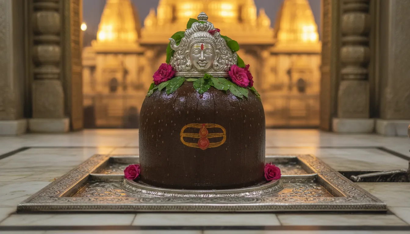 Kashi Vishwanath Jyotirlinga shivling image resting in its iconic solid silver altar within the historic city of Varanasi.