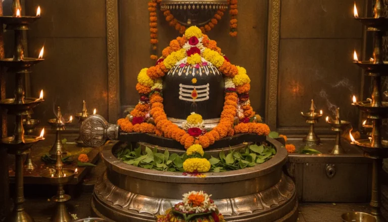 HD image of Kashi Vishwanath Shivling beautifully adorned with fresh marigold flowers and sandalwood paste during the morning ritual.
