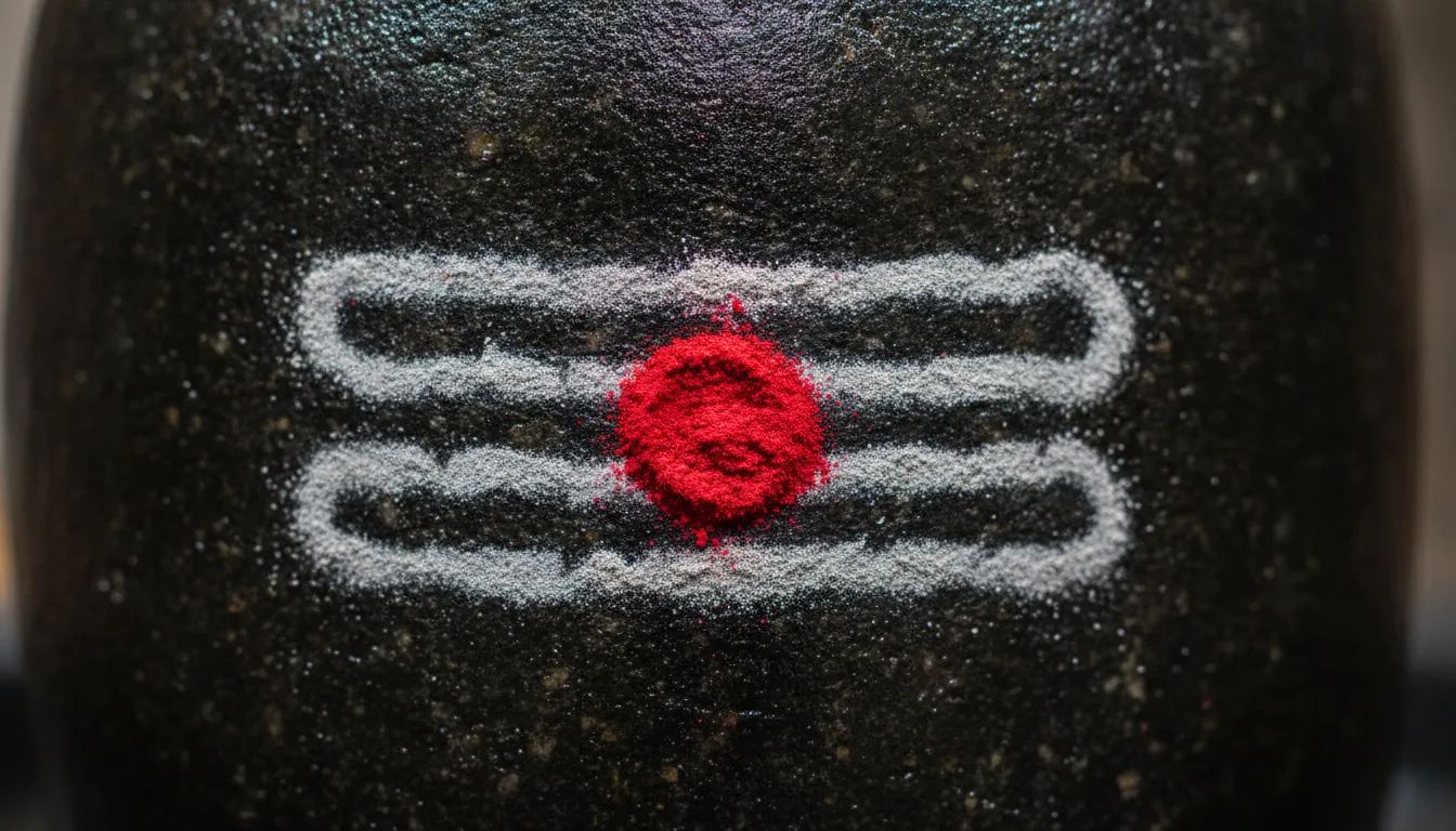 Micro HD photo of the three horizontal lines of sacred ash (Tripundra) on the Kashi Vishwanath Shivling.