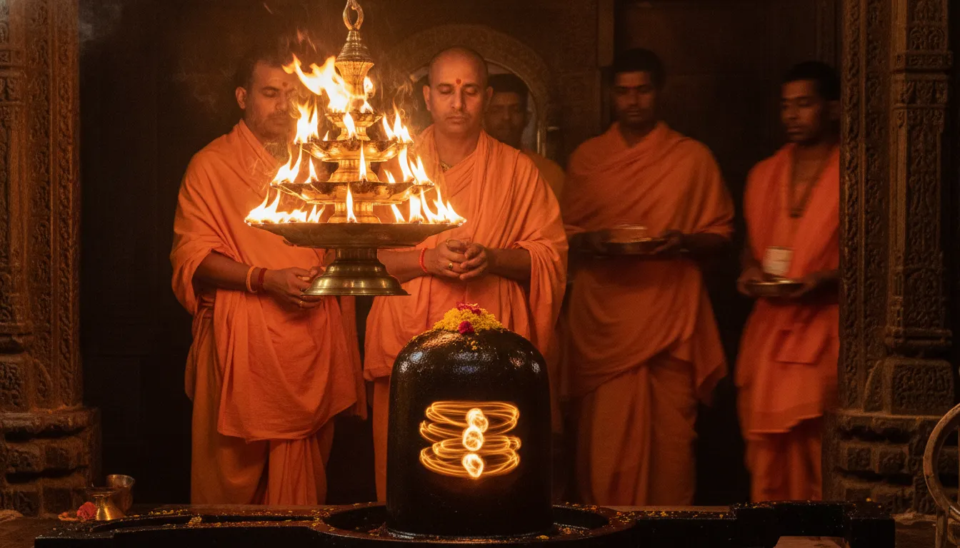 HD picture capturing the evening Aarti flames reflecting beautifully off the Kashi Vishwanath Shivling.