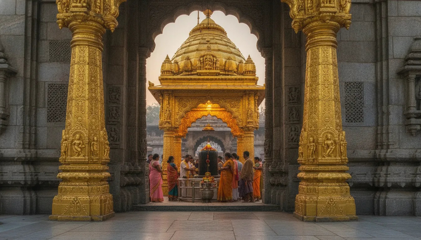 High-definition view of the golden structure above the Kashi Vishwanath Shivling sanctum.