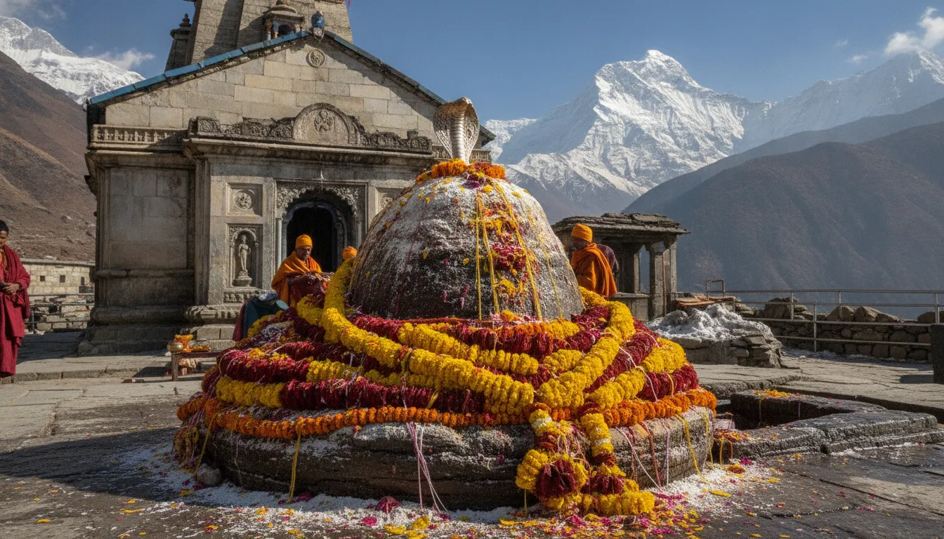 Kedarnath temple and triangular 12 shivling images in hd surrounded by snow mountains