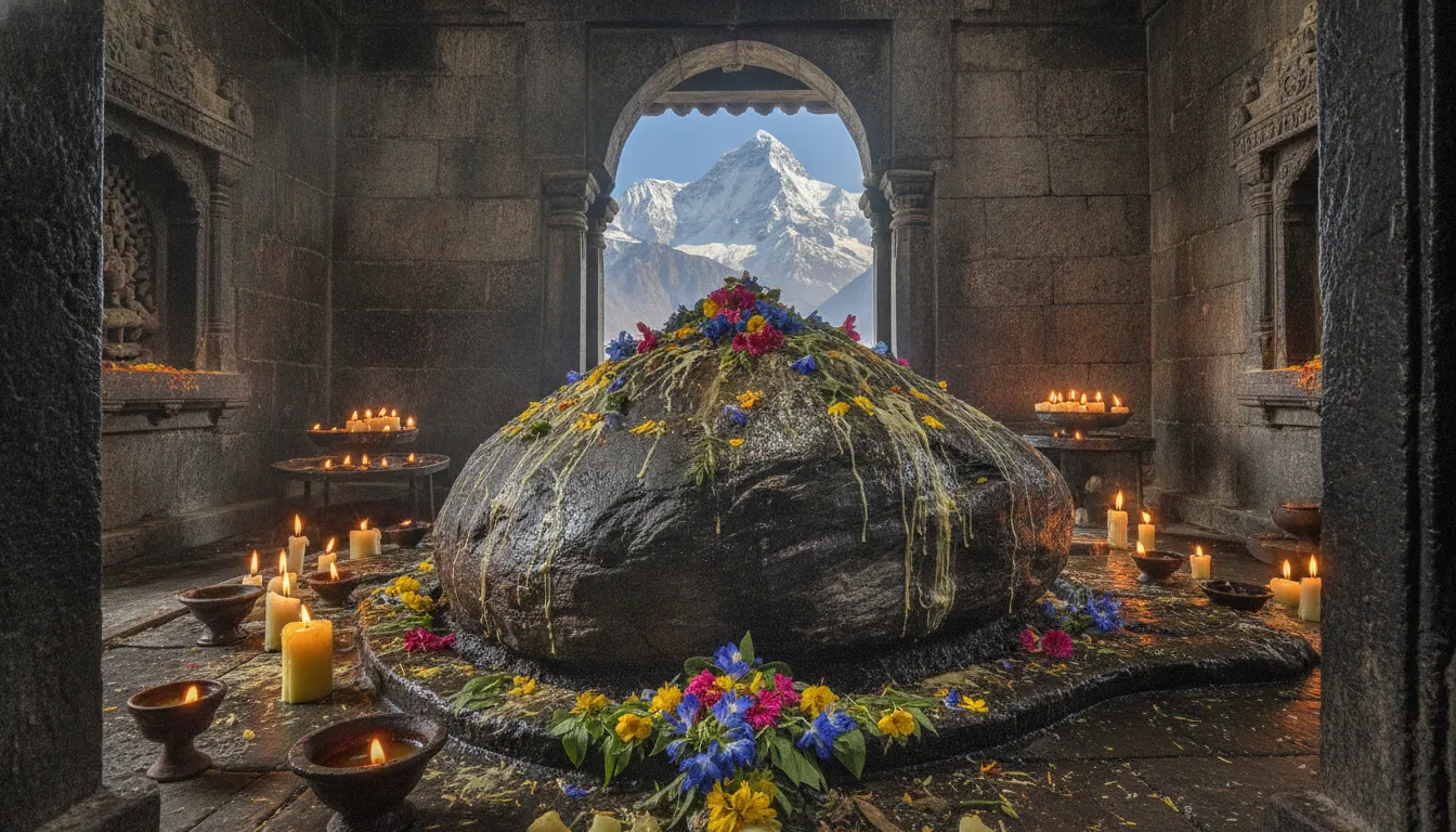 Kedarnath Jyotirlinga shivling image showing the triangular natural rock formation inside the historic Himalayan temple in Uttarakhand.