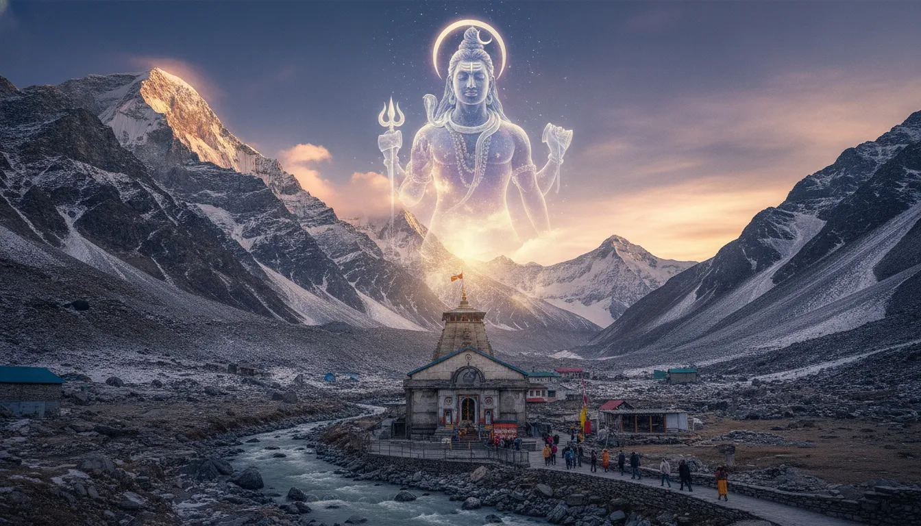 Kedarnath temple with Lord Shiva blessing behind it