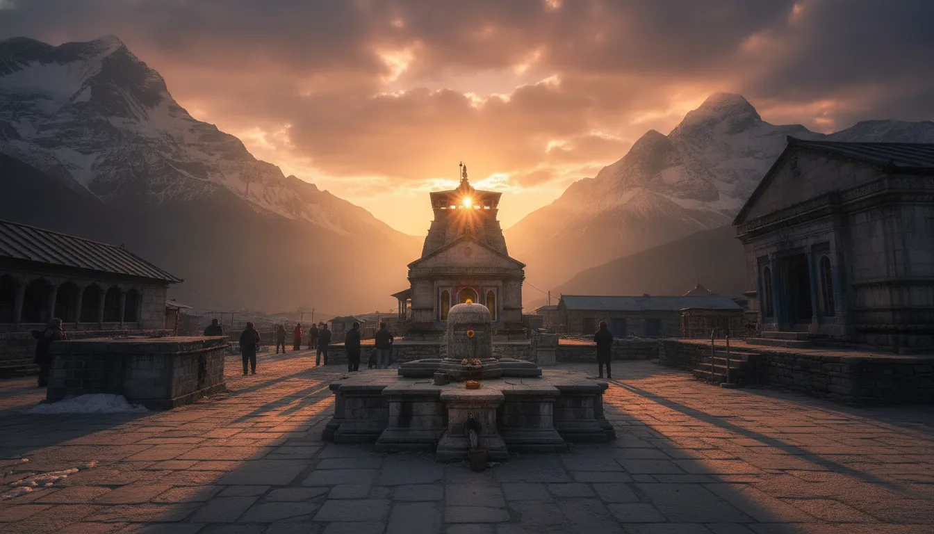 Kedarnath shivling hd images illuminated by the golden rays of sunset over mountain peaks.