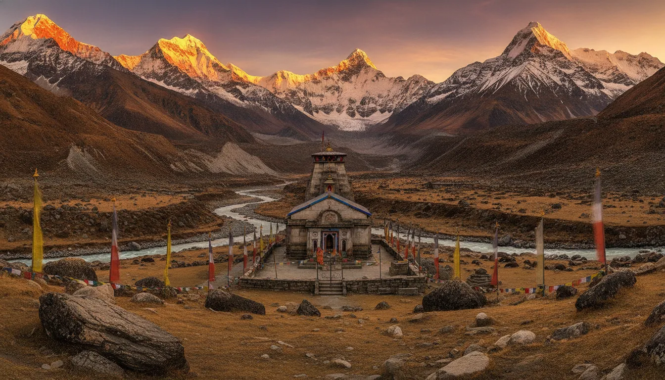 Golden sunset rays lighting up the mountains behind the holy Kedarnath shrine