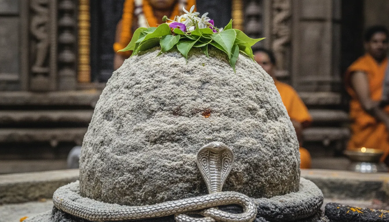 Kedarnath shivling hd images showing holy ashes and bael leaves decoration during Shravan.