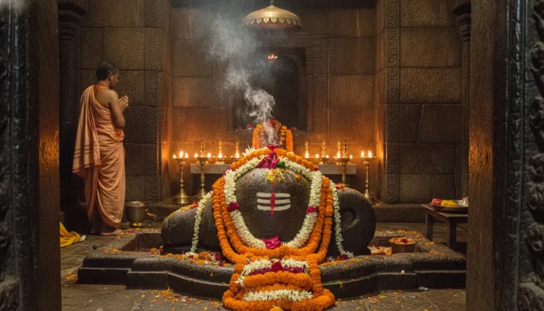 Sacred Kedarnath Shivling decorated with fresh flowers during early morning prayers in the Himalayan temple