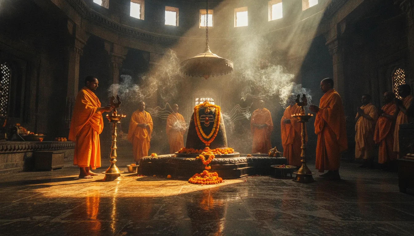 Kedarnath shivling hd images capturing the morning aarti with brass lamps and spiritual smoke.