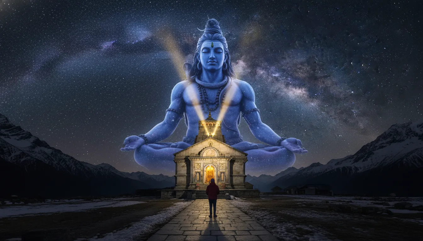 Kedarnath temple background photo edit with giant Lord Shiva shadow and stars