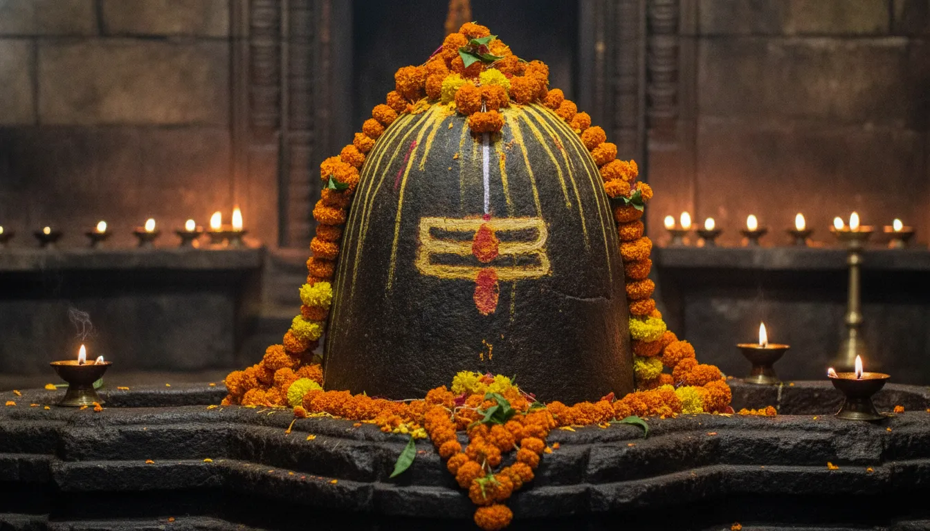 Sacred triangular shaped Kedarnath shivling hd images decorated with fresh flowers inside temple sanctum.