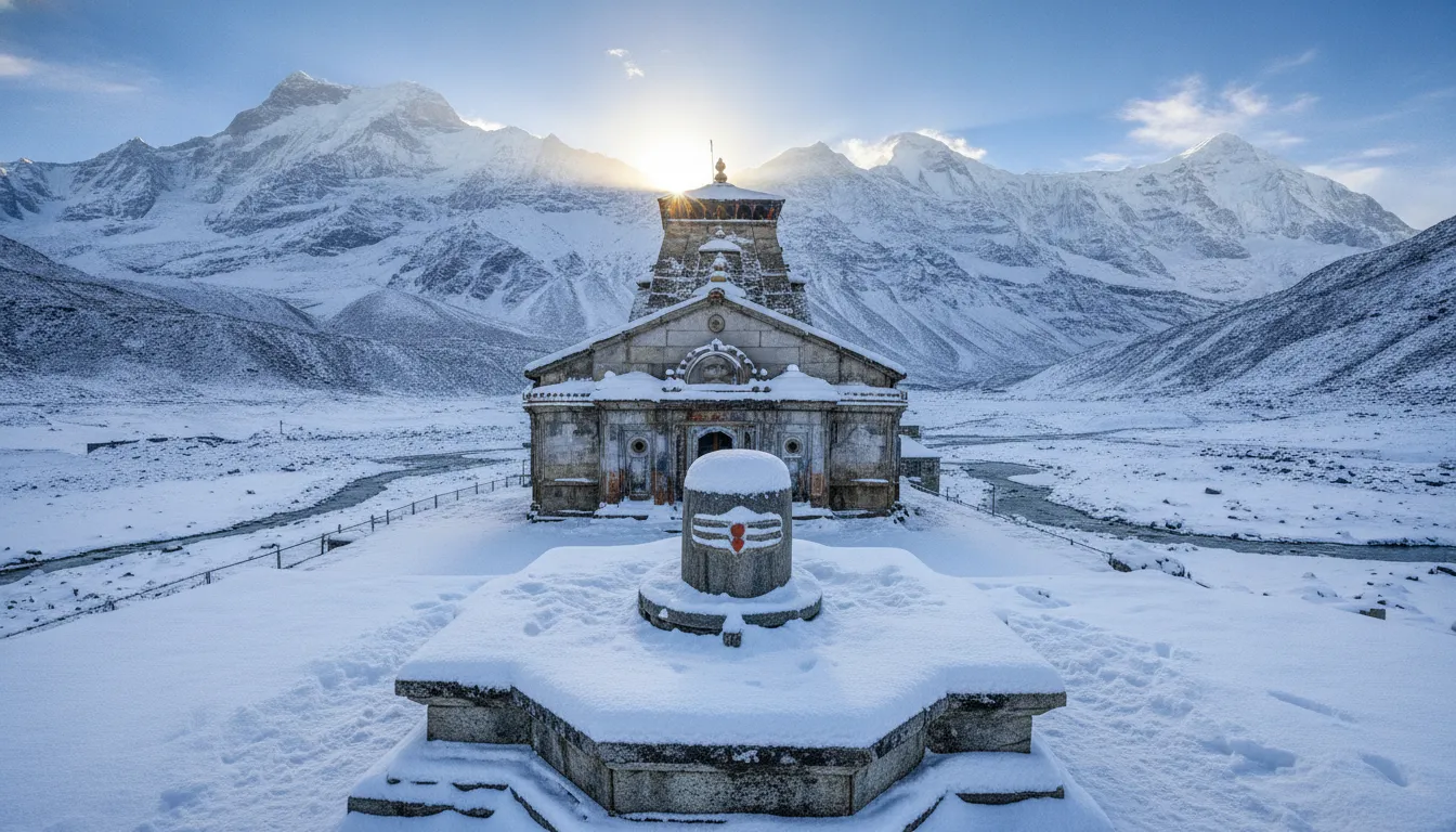 Kedarnath shivling hd images featuring the temple surrounded by snow-covered Himalayan peaks.