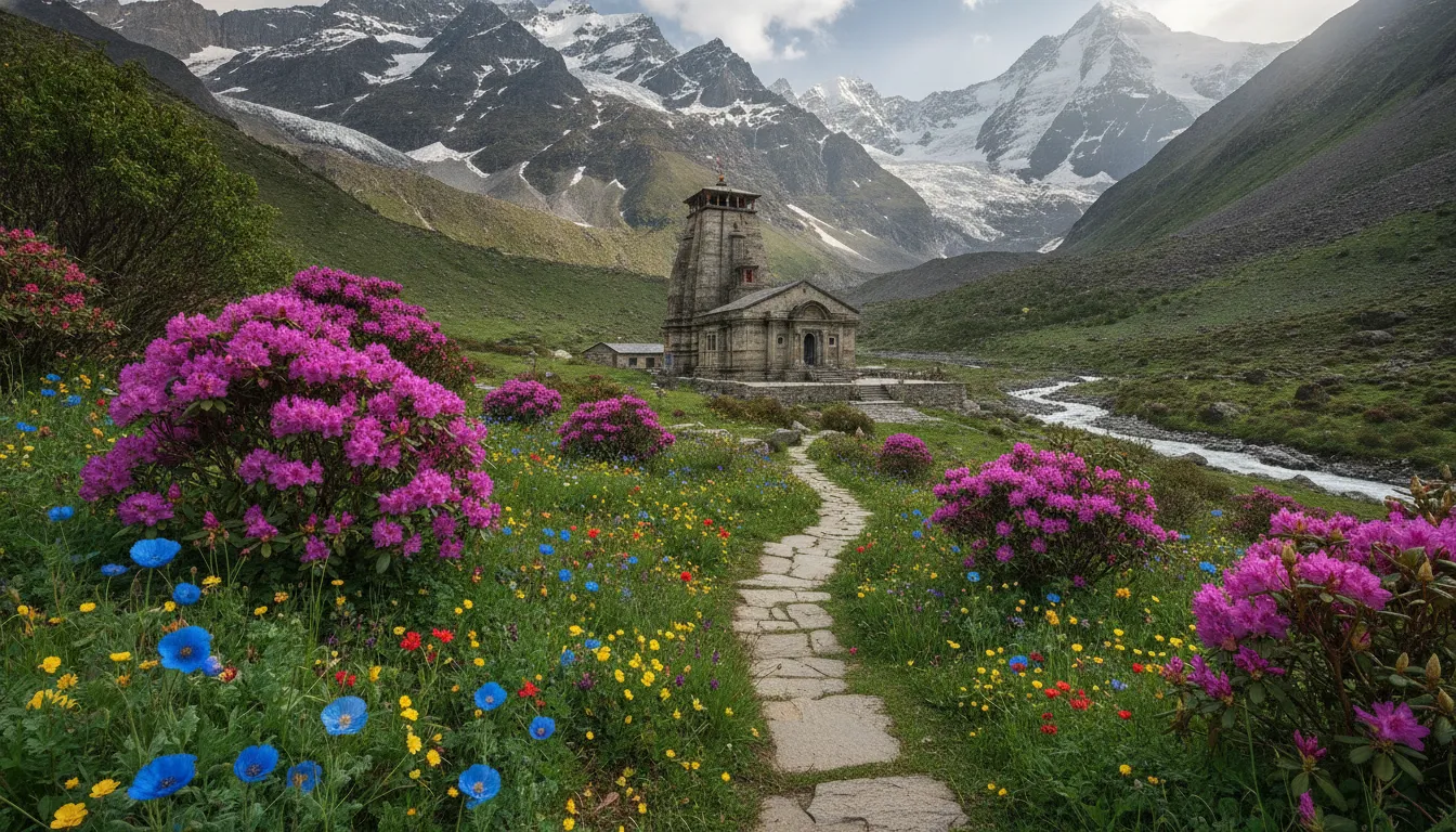 Bright colorful mountain flowers blooming in the foreground with Kedarnath temple in the distance