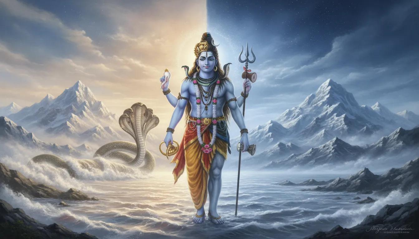 A breathtaking landscape art combining the foaming white Ocean of Milk with the icy peaks of Mount Kailash.
