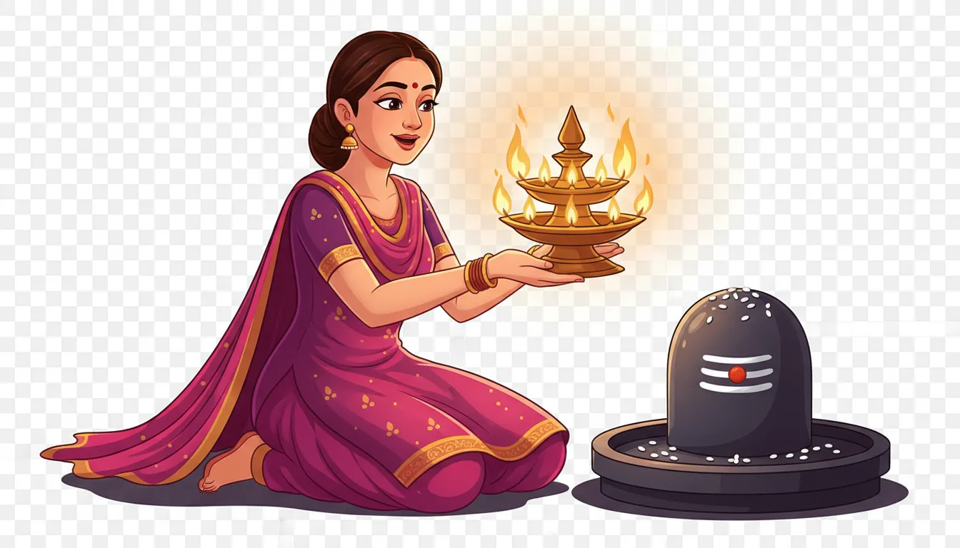 Evening prayer scene representing shivling pooja by lady cartoon png images holding a beautiful glowing oil lamp.