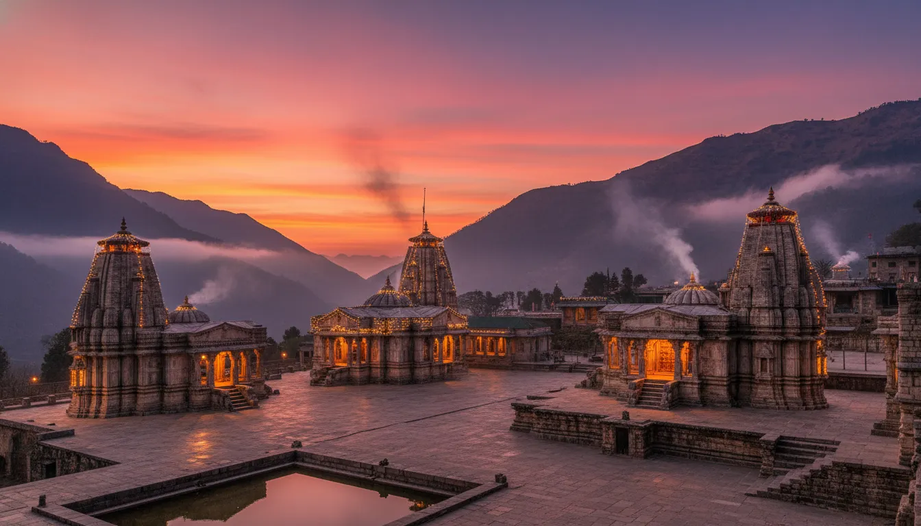 Sudh Mahadev Temple complex glowing during a beautiful evening mountain twilight sunset.