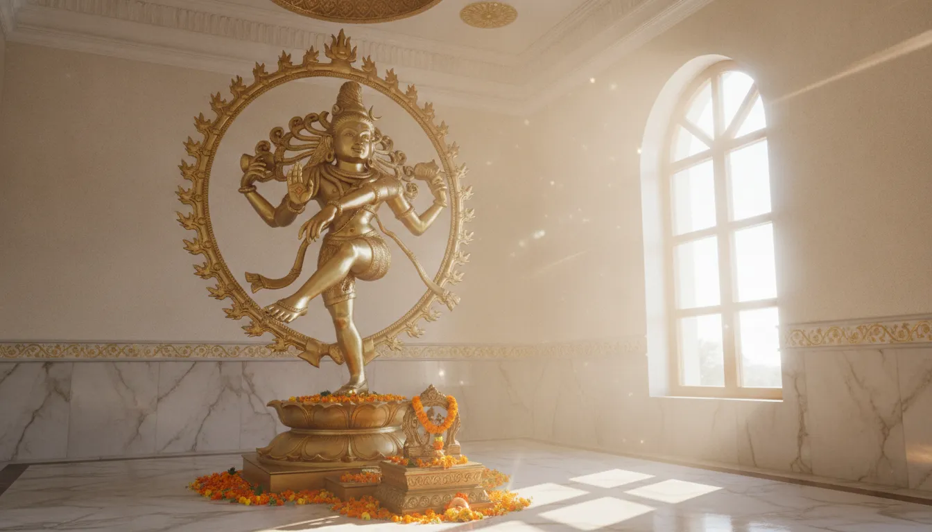 A large glowing golden Nataraja statue placed near a window with bright morning sunlight filtering through.