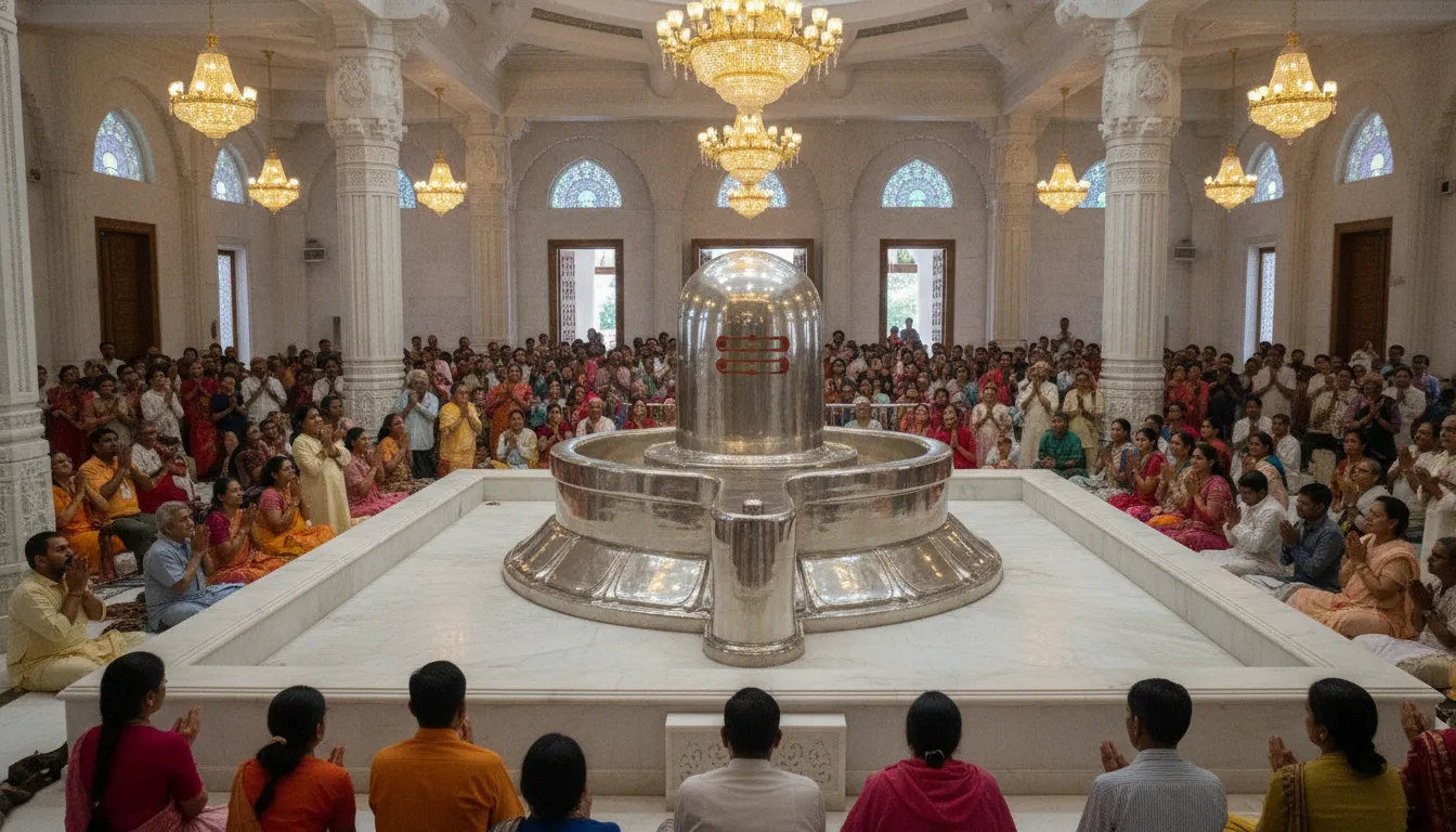 A heavy large size parad shivling placed on an ornate marble altar inside a large brightly lit hindu temple