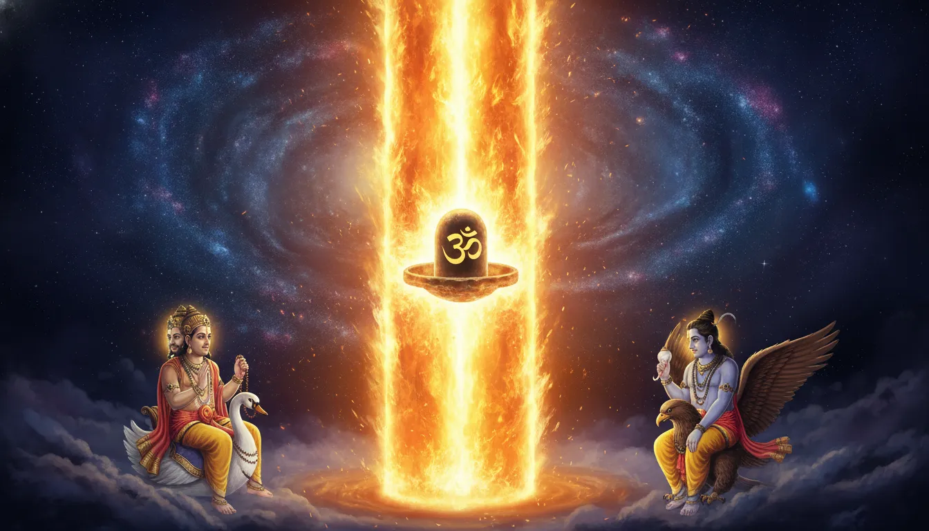 An artistic illustration of an infinite, blazing pillar of fire rising from the ground, within which a radiant Shivling and a golden Om are visible, set against a dark, dramatic sky.