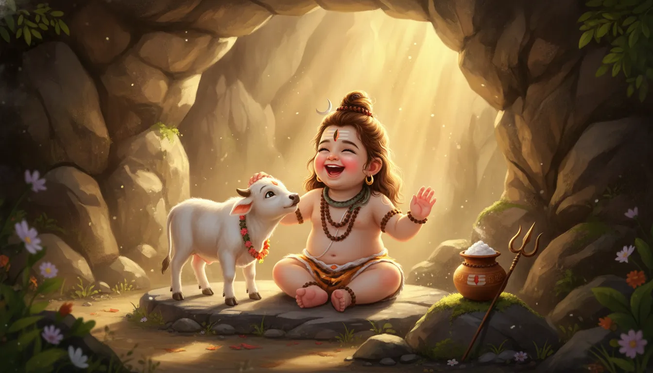 A cute child Shiva laughing and feeding grass to a small white calf Nandi inside a rocky cave.
