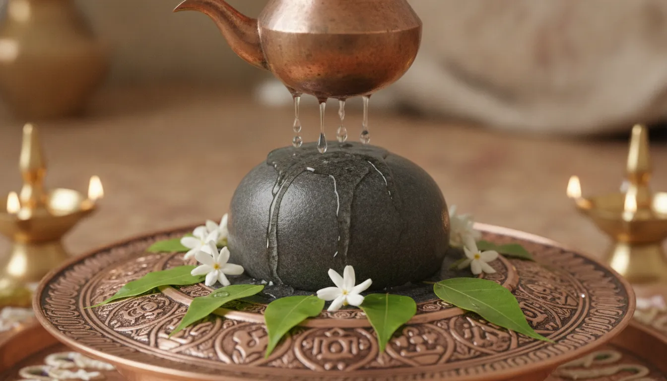 Water dripping from a copper pot onto a stone Shivling
