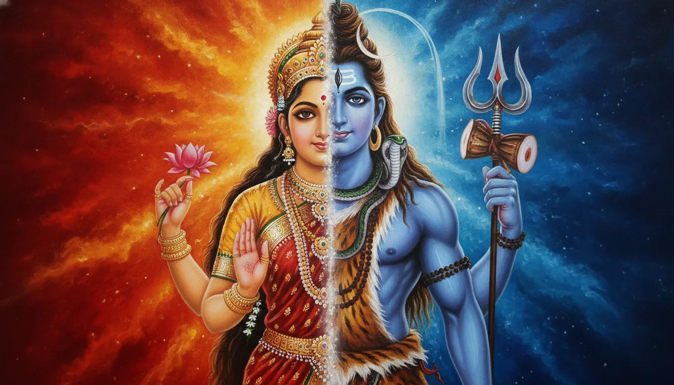 Har Har Mahadev photo depicting the union of Shiva and Shakti as Ardhanarishvara