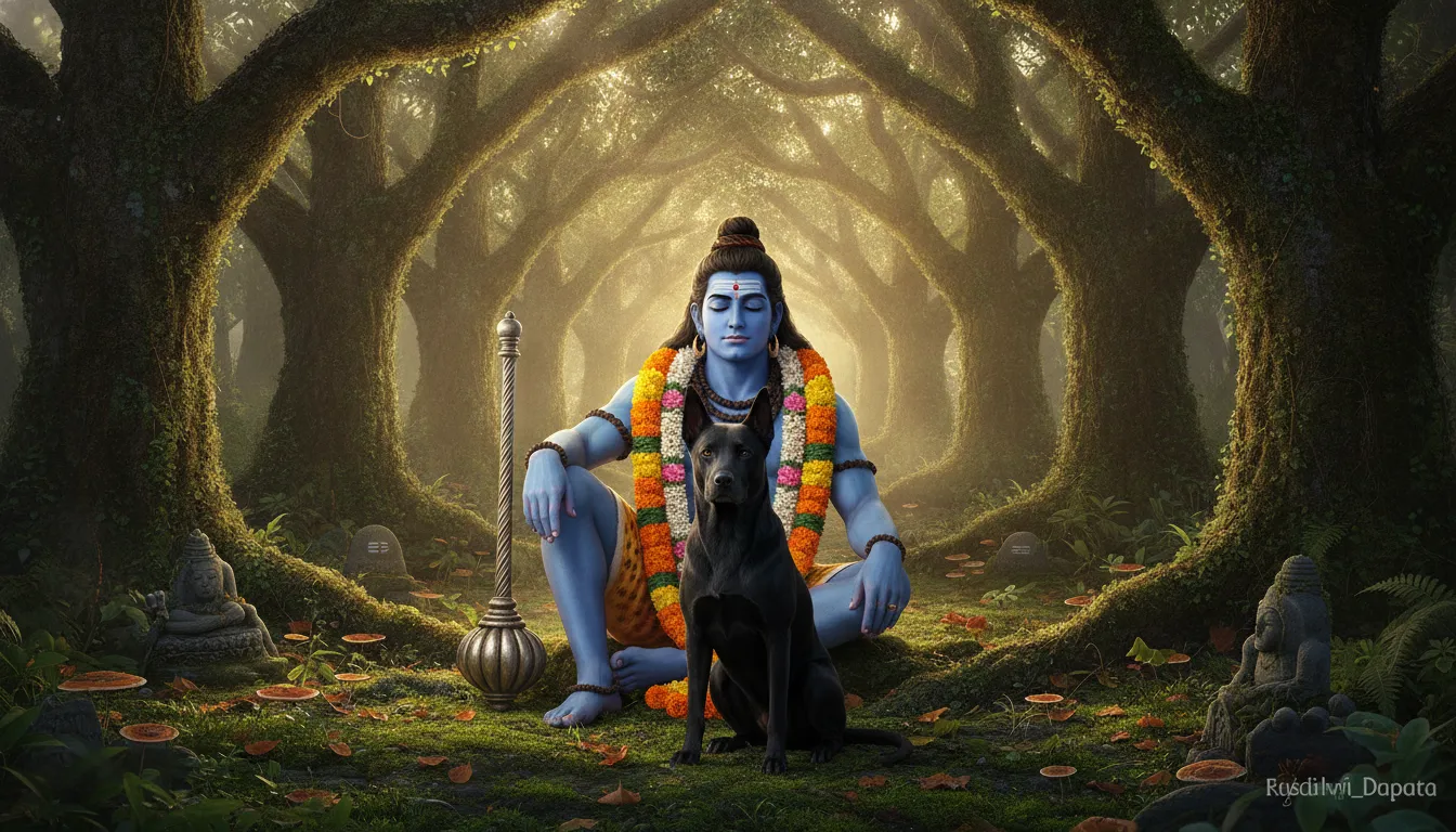 Lord Bhairava sitting peacefully in a sacred grove holding a mace with a black dog.