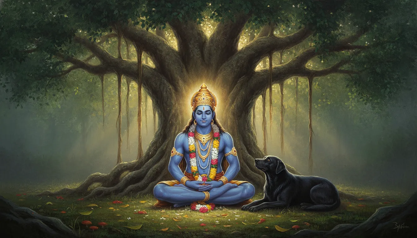 Lord Bhairava in blue skin meditating under a sacred banyan tree with a black dog sitting nearby.
