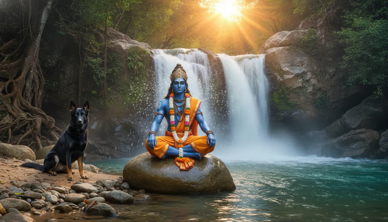 Blue skinned deity Lord Bhairava sitting near a cascading mountain waterfall with a loyal black dog.