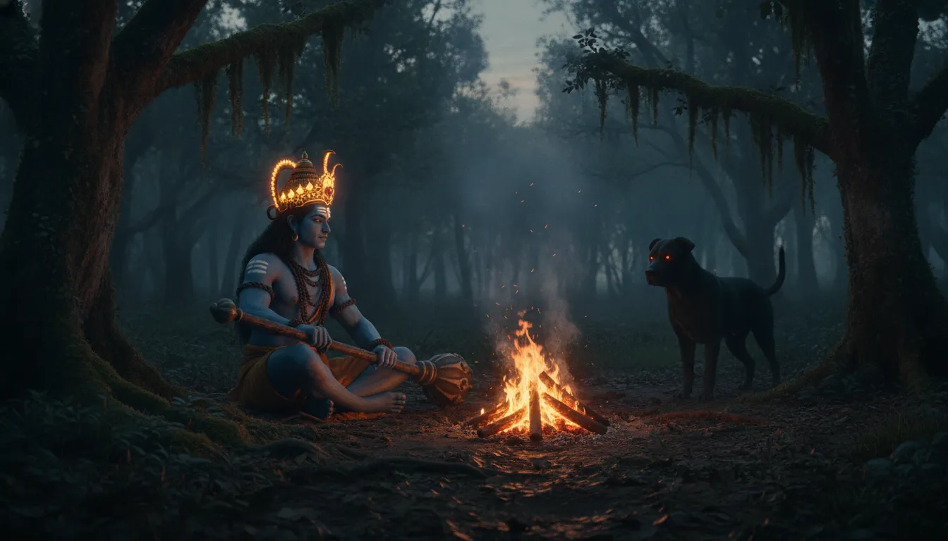 Deity Bhairava sitting next to a sacred ritual fire dhuni in a forest with a black dog.