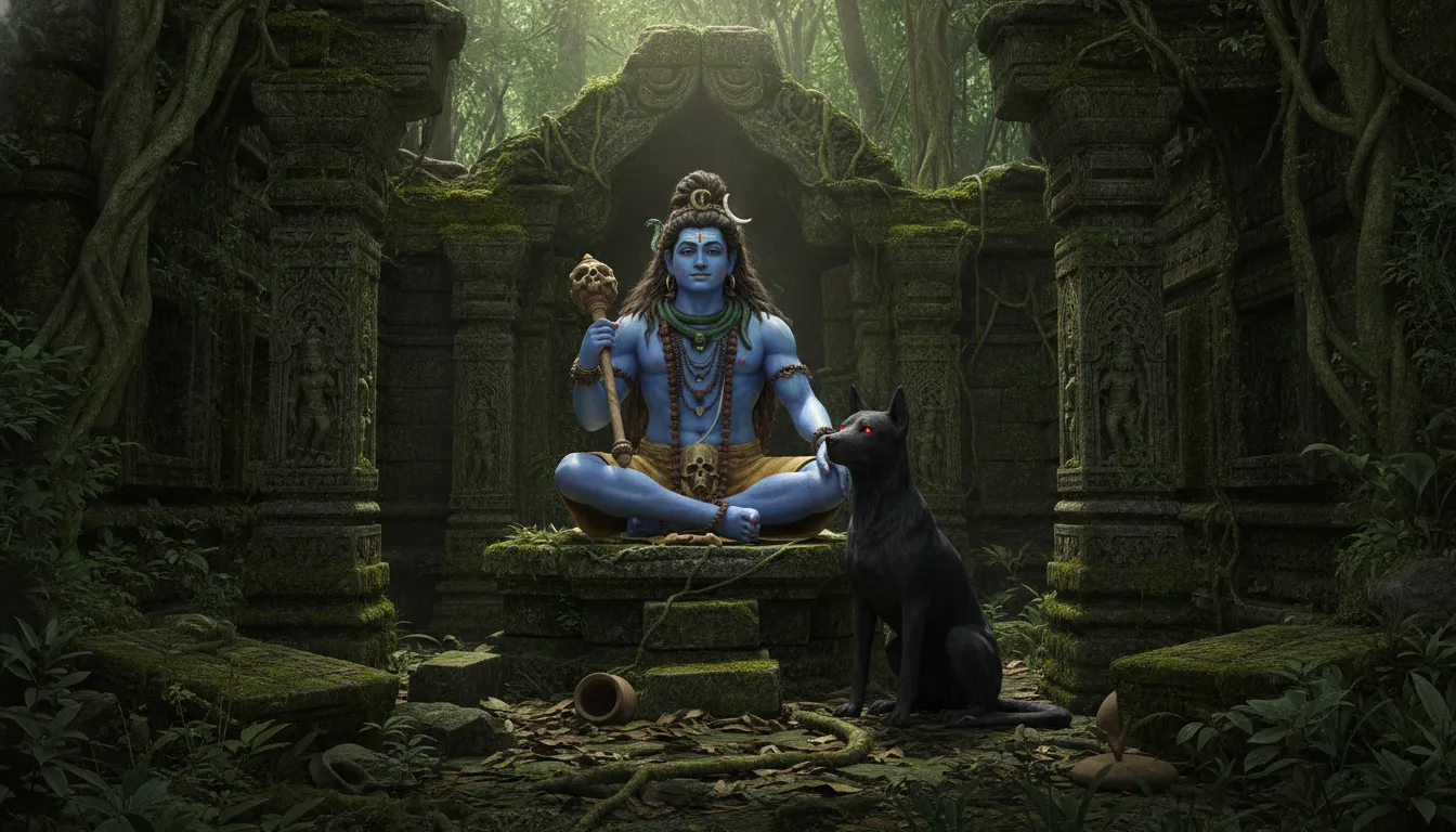 Lord Bhairava sitting among ancient carved stone pillars in a forest with a black dog.